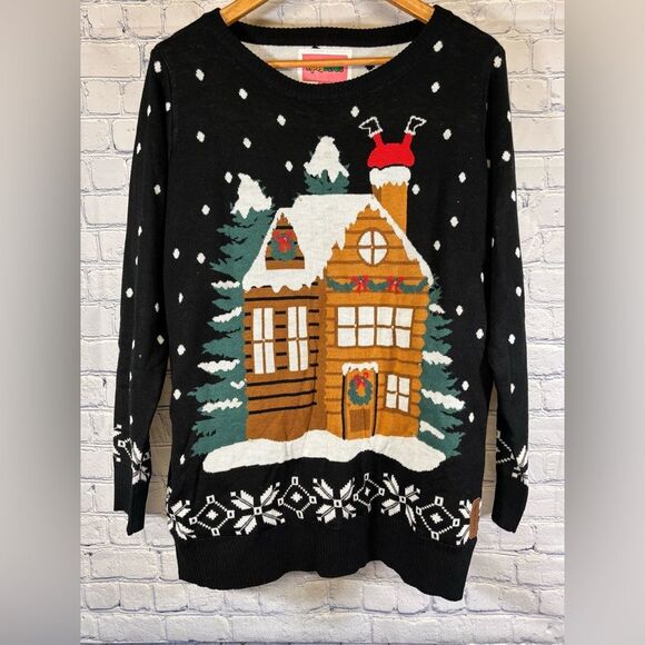 Tipsy Elves Sweaters - Tipsy Elves Light Show Gingerbread House Fun Classic Cabincore Holiday Sweater L